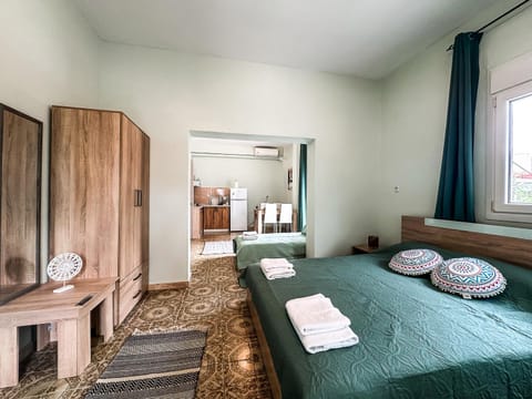 Bed, Photo of the whole room, Bedroom, hair dresser, towels, wardrobe