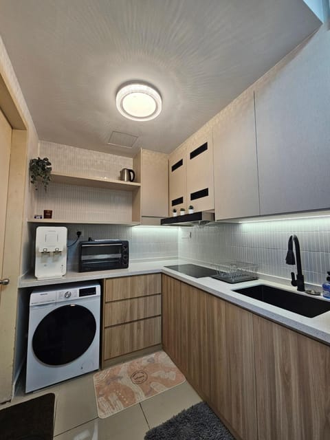 Kitchen or kitchenette, stove, washing machine, dryer
