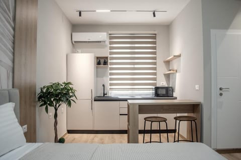 Kitchen or kitchenette, Dining area, Bedroom, microwave, stove, air conditioner