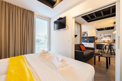 Bed, TV and multimedia, Kitchen or kitchenette, Living room, Seating area, Bedroom, towels