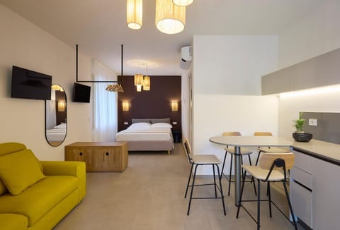 TV and multimedia, Kitchen or kitchenette, Living room, Photo of the whole room, Seating area, Dining area, Bedroom