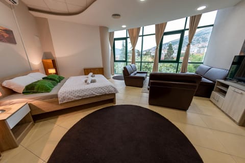 Bed, TV and multimedia, View (from property/room), Seating area, City view