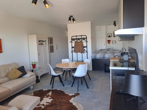 Kitchen or kitchenette, Living room, Seating area, Dining area