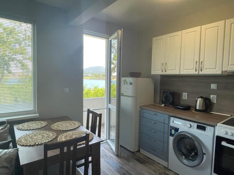 Coffee/tea facilities, Kitchen or kitchenette, Living room, Dining area, oven, stove, toaster, washing machine