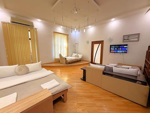 Bed, TV and multimedia, Living room, Photo of the whole room, Seating area, Bedroom, towels, air conditioner