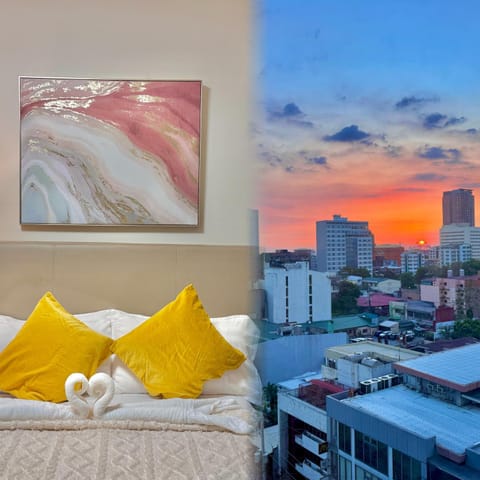 Bed, City view, Sunset
