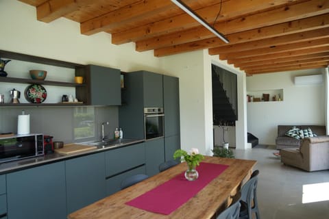 Kitchen or kitchenette, Living room, Seating area, Dining area, stove