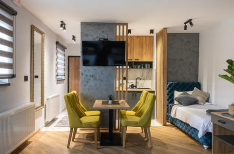 Bed, TV and multimedia, Kitchen or kitchenette, Photo of the whole room, Seating area