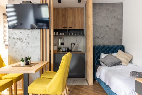 Bed, TV and multimedia, Kitchen or kitchenette, Photo of the whole room, Seating area