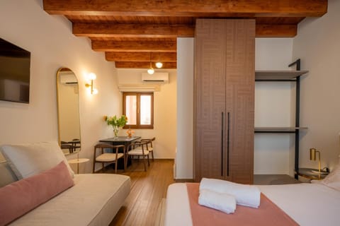 Bed, TV and multimedia, Living room, Photo of the whole room, Seating area, Dining area, Bedroom, towels, wardrobe, air conditioner