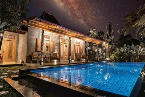 Property building, Patio, Night, Natural landscape, Garden, Garden view, Pool view, Swimming pool
