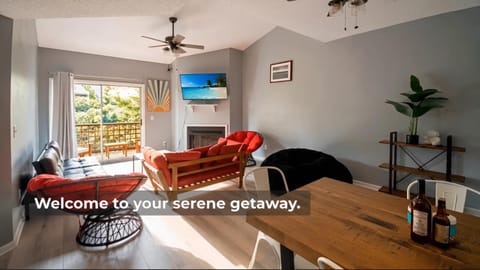 Patio, Patio, TV and multimedia, Living room, Seating area, Dining area, Text overlay, fireplace