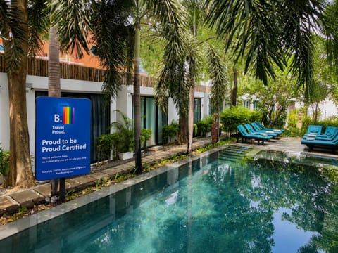 Day, Garden, Logo/Certificate/Sign, Garden view, Pool view, Swimming pool, sunbed