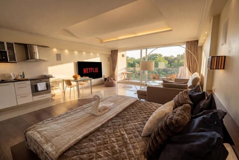 Bed, TV and multimedia, Kitchen or kitchenette, Photo of the whole room, Seating area, Dining area