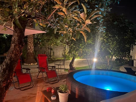 Patio, Night, Natural landscape, Garden, Hot Tub, Garden view, Pool view, Swimming pool, sunbed