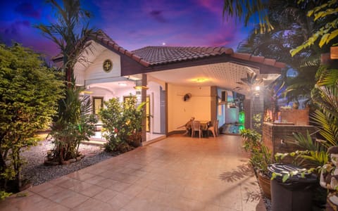 Property building, Patio, Night, Garden, Garden view