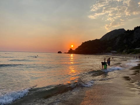 Beach, Mountain view, Sea view, Sunset