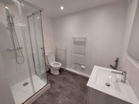 Shower, Toilet, Bathroom, hair dryier, towels