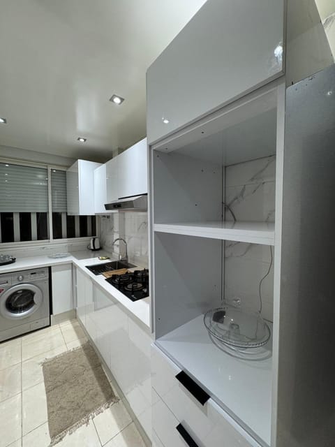 Kitchen or kitchenette, stove, washing machine, dryer