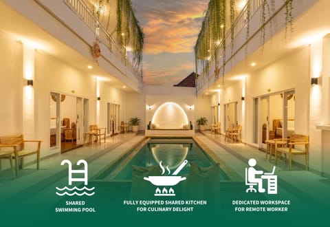 Text overlay, Pool view, Swimming pool, sunbed