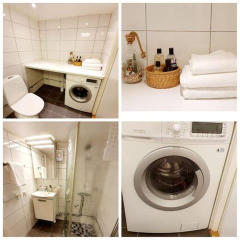 Shower, Toilet, Bathroom, towels, washing machine, dryer