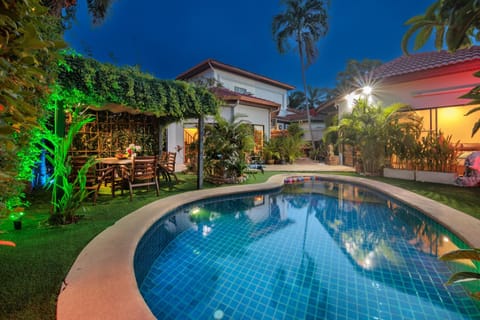 Property building, Night, Garden, Garden view, Pool view, Swimming pool