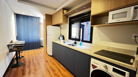 Kitchen or kitchenette, stove, washing machine