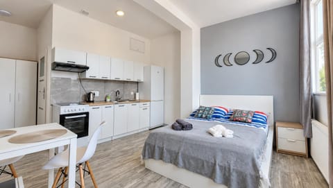 Bed, Kitchen or kitchenette, Living room, Photo of the whole room, Seating area, Dining area, Bedroom, oven, stove, towels