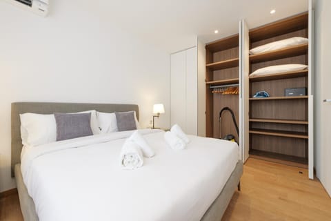 Bed, Photo of the whole room, Bedroom, towels, wardrobe, air conditioner