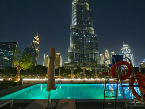 Night, City view, Swimming pool