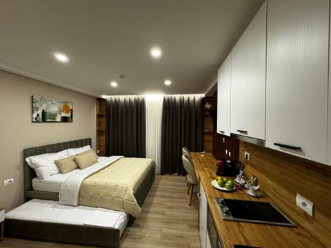 TV and multimedia, Coffee/tea facilities, Kitchen or kitchenette, Photo of the whole room, Bedroom, cot, microwave