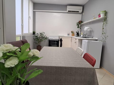 Kitchen or kitchenette, Dining area, oven, stove, air conditioner