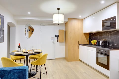 Dining area, microwave, oven, stove