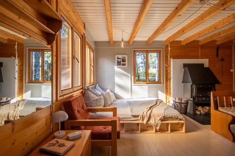 Bed, Living room, Photo of the whole room, Seating area, Sunset, fireplace