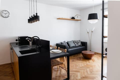 Kitchen or kitchenette, Living room, Seating area, Dining area, stove