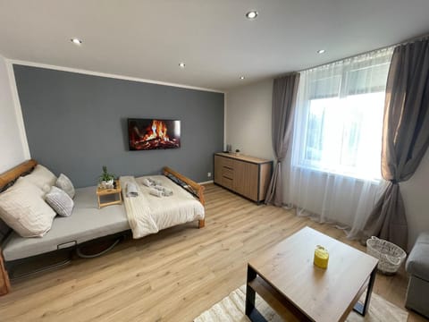 Bed, Living room, Seating area, Bedroom