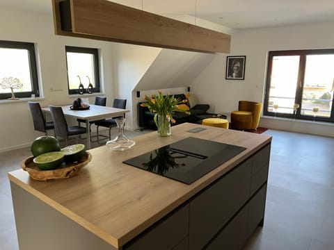 Kitchen or kitchenette, Living room, Seating area, Dining area