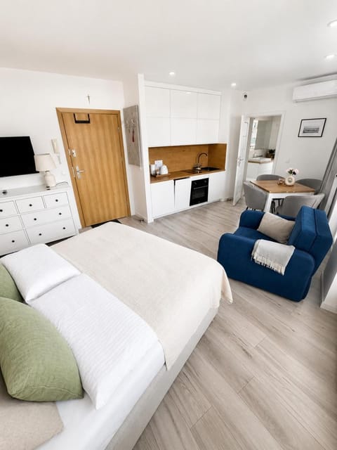 Bed, TV and multimedia, Kitchen or kitchenette, Living room, Photo of the whole room, Seating area, Bedroom