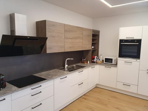 Kitchen or kitchenette, dishwasher, oven, stove