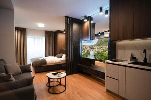 Bed, TV and multimedia, Kitchen or kitchenette, Living room, Seating area, Bedroom, minibar