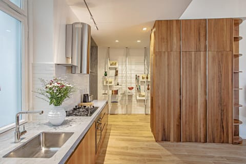 Kitchen or kitchenette, dishwasher, oven, stove, wardrobe