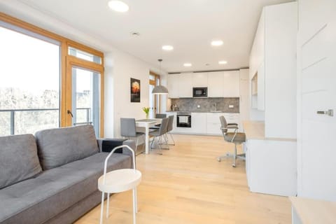 Kitchen or kitchenette, Living room, Seating area, Dining area