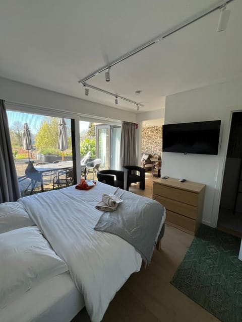 Restaurant/places to eat, Bed, Garden, TV and multimedia, View (from property/room), Balcony/Terrace, Living room, Bedroom, Garden view, air conditioner