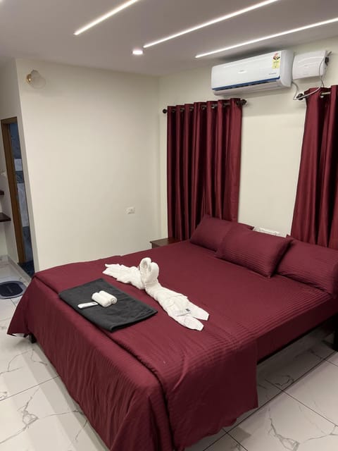 Bed, Photo of the whole room, Bedroom, furniture, towels, air conditioner