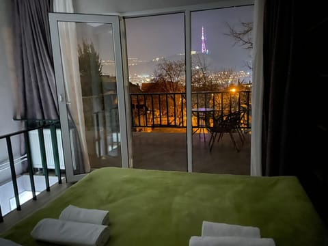 Bed, Night, View (from property/room), Balcony/Terrace, Photo of the whole room, Bedroom, City view, towels
