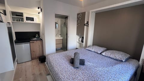 Bed, Kitchen or kitchenette, stove
