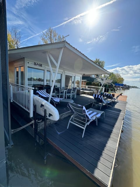 Beautiful houseboat on the Sava river Docked boat in Belgrade