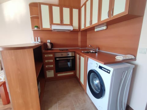 Kitchen or kitchenette, oven, stove, washing machine
