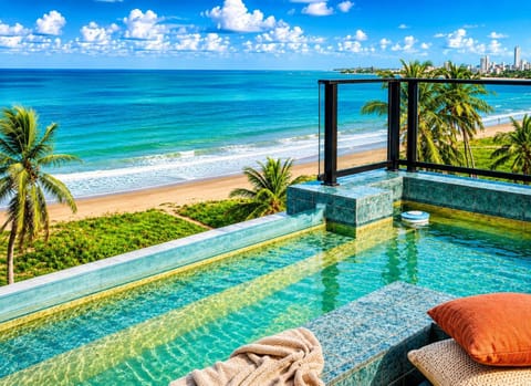 Nearby landmark, Day, Natural landscape, View (from property/room), Balcony/Terrace, Beach, Pool view, Sea view, Swimming pool, sunbed