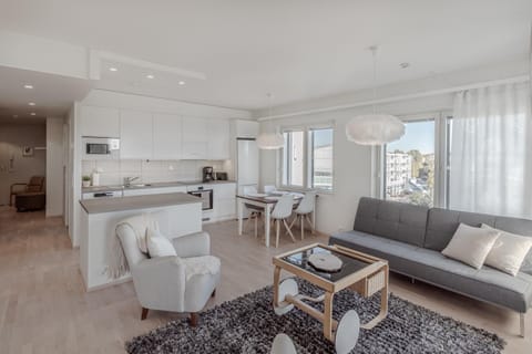 Kitchen or kitchenette, Living room, Seating area, Dining area